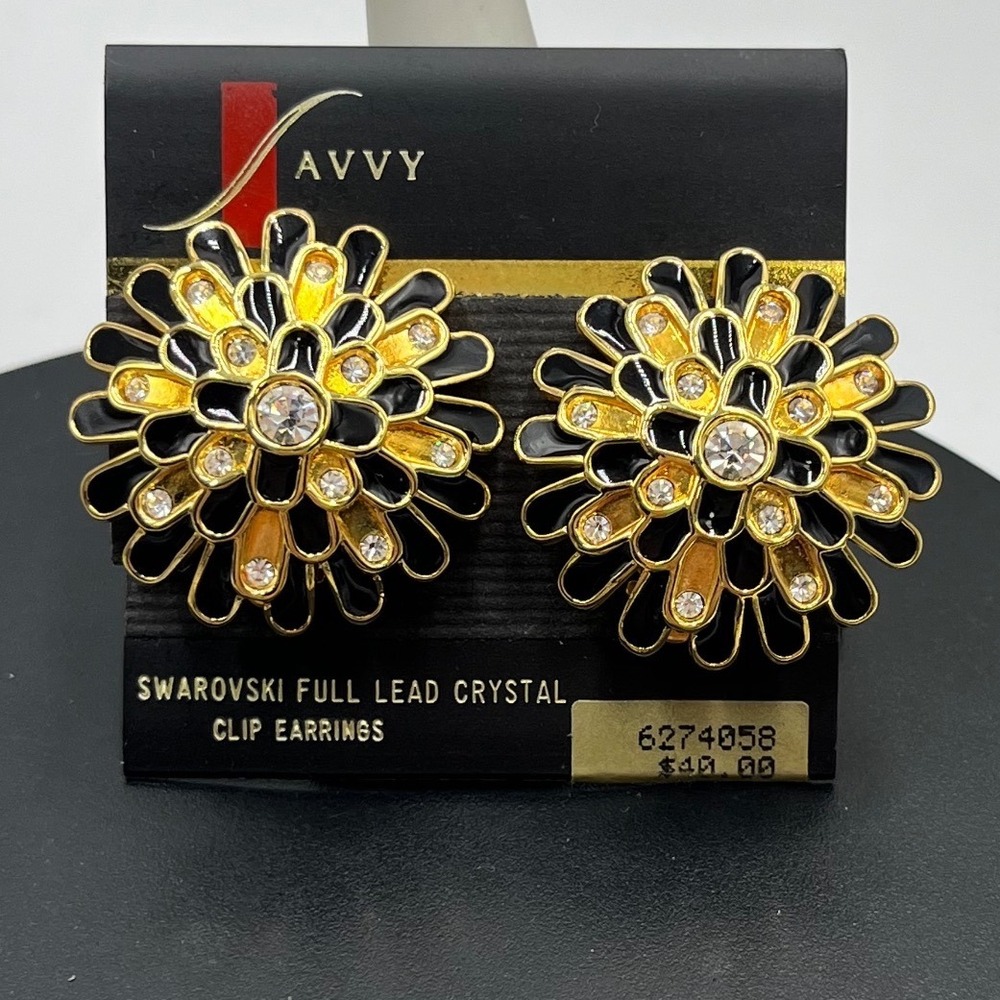 Vintage Swarovski Black Enamel and Gold Starburst Full Lead Clip On Earrings NOS